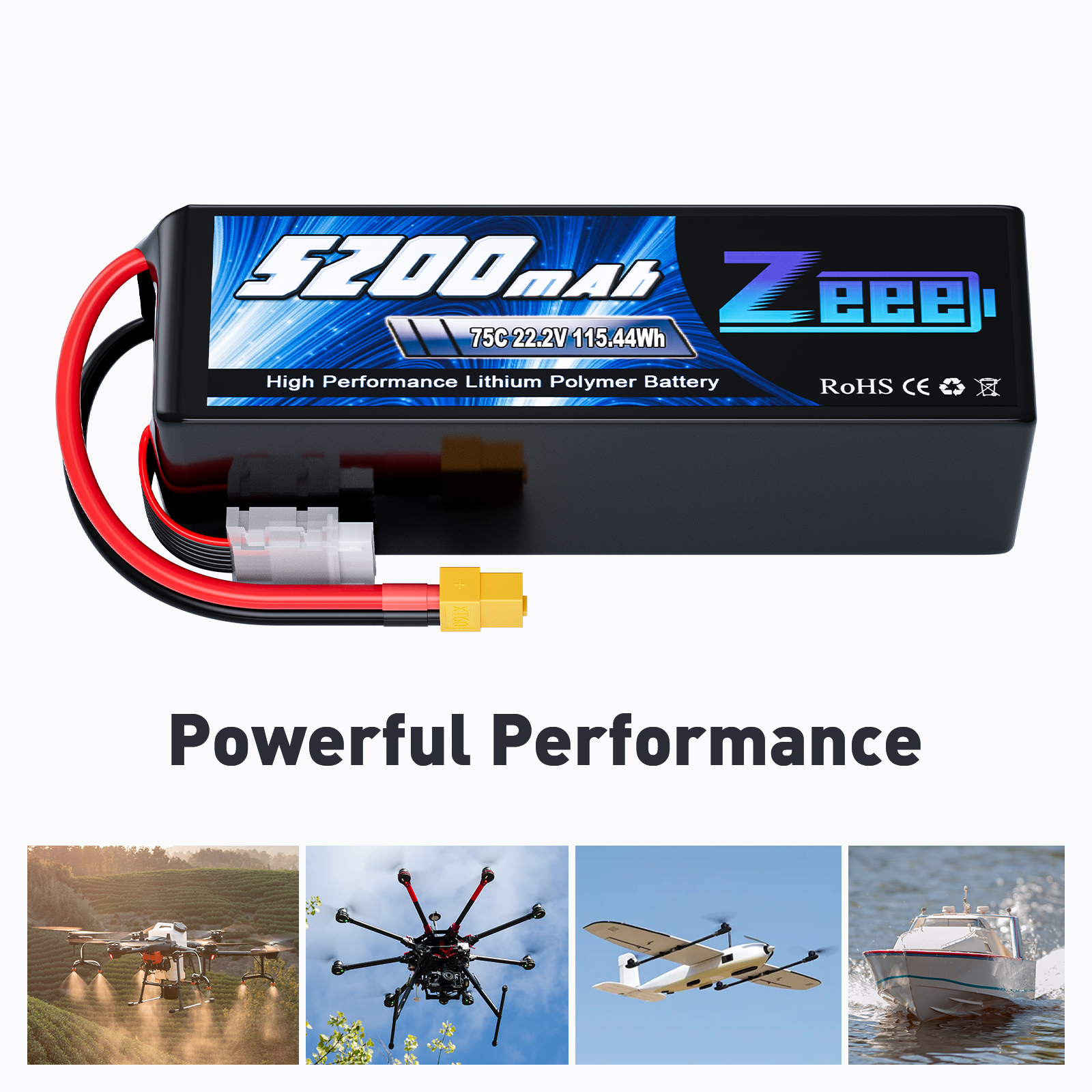 Zeee FPV drone 6S lipo battery 5200mAh 75C 22.2V with XT60 Plug for FPV/UAV/drone battery